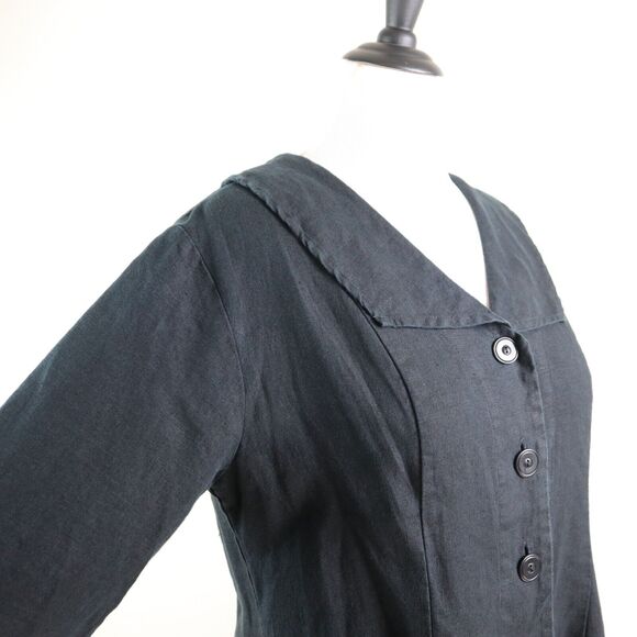 Flax Size M Woven Linen Button Down Blouse Collared Top Black - Picture 6 of 9